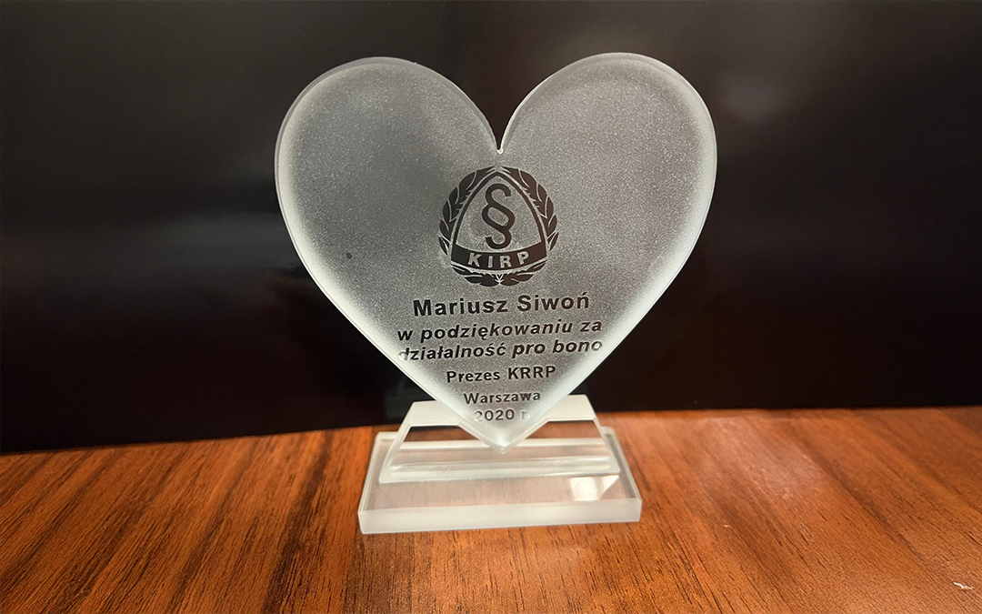 Mecenas Mariusz Siwoń Laureatem XII Konkursu „Kryształowe Serce Radcy Prawnego 2019”